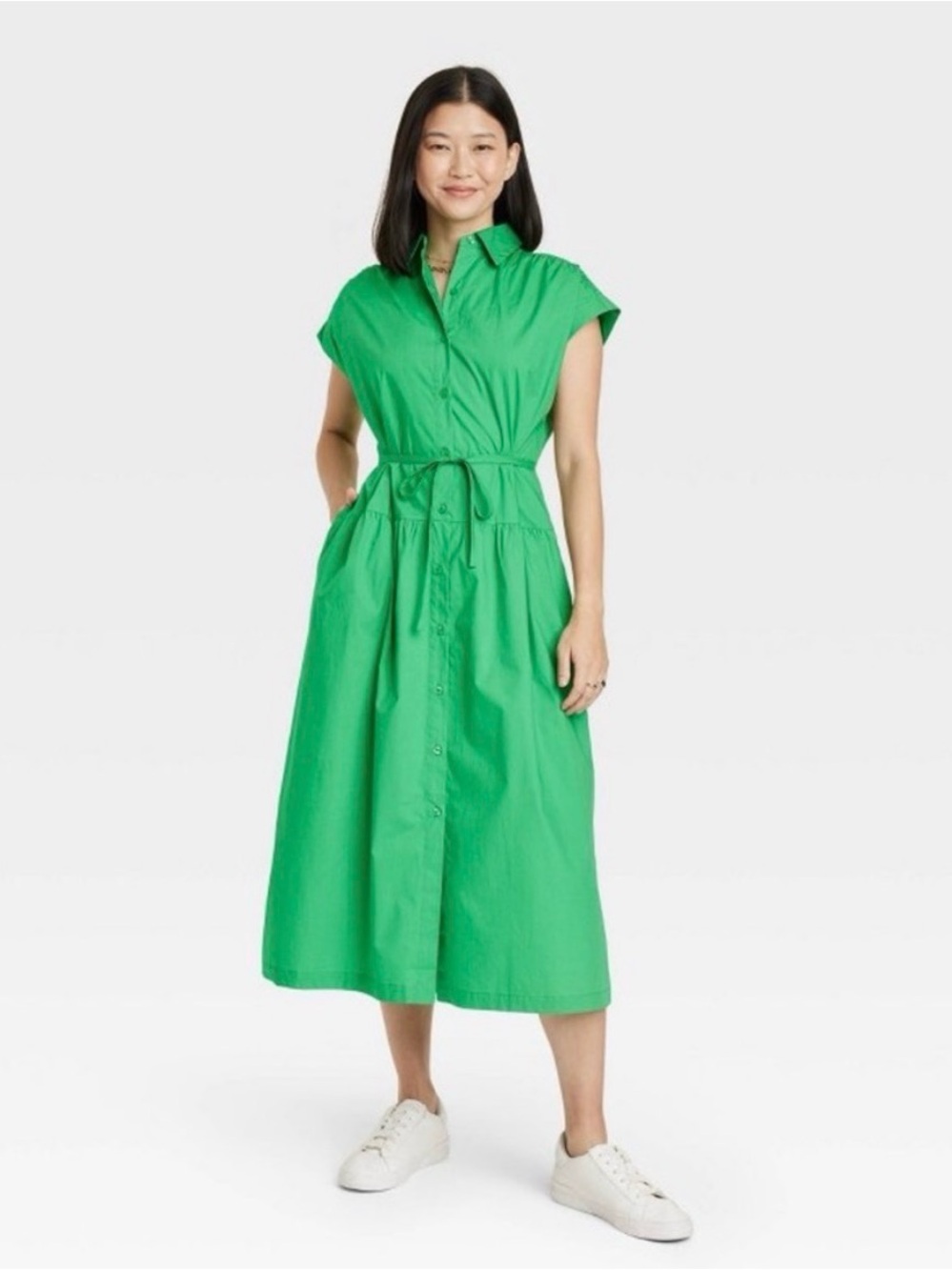 NWT Green Cap Sleeve Midi Shirt Dress with Tie Waist